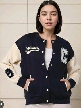 Girls Zara Navy and Cream California Varsity Jacket Size Size 11-12